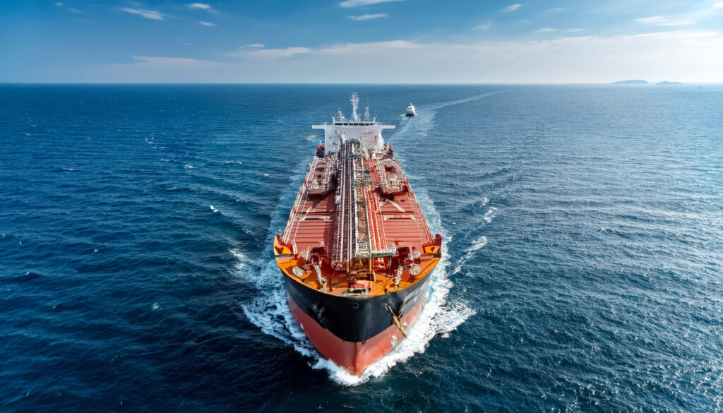 The oil tanker is heading towards the open sea. The crude oil tanker ship is carrying chemical products