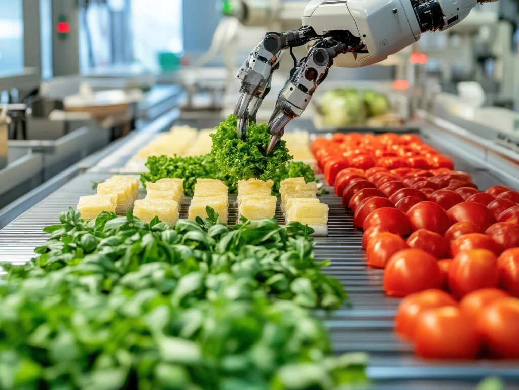 A robotic arm picking up lettuce in a food production line.
