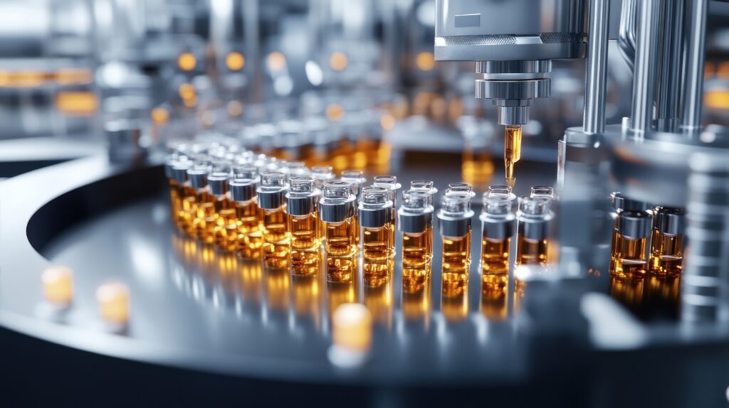 Close-up of a pharmaceutical production line with a robotic arm filling vials with a liquid.